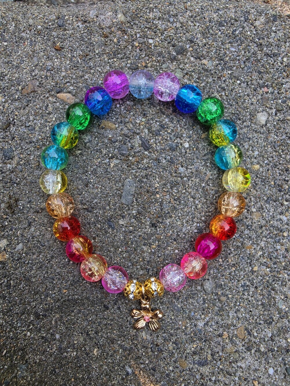 Rainbow Crackle Glass Bead Stretch Bracelet with Flower Charm